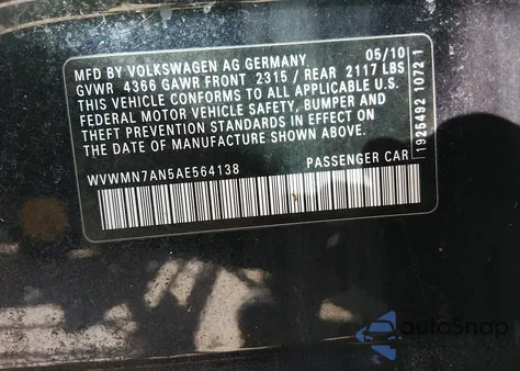 2010 Volkswagen Cc Sport из США, поврежденный, VIN WVWMN7AN5AE564138